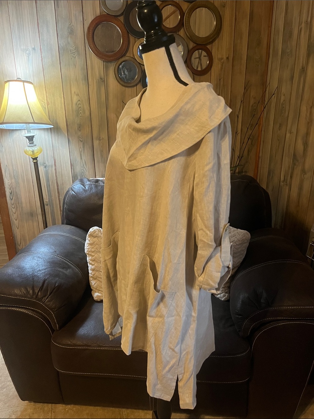 Ali Miles Beige Linen Draped Cowl Neck Tunic Top Lagenlook Boho Artisan European - Picture 4 of 9